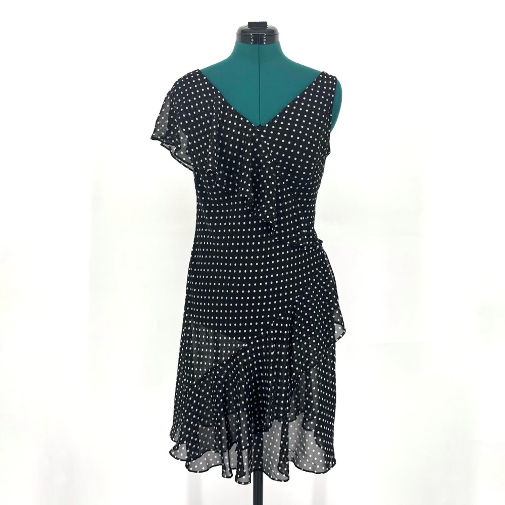 Chaps Black with White Polka Dots Asymmetrical Ruffled Lined Flutter Dress, 8